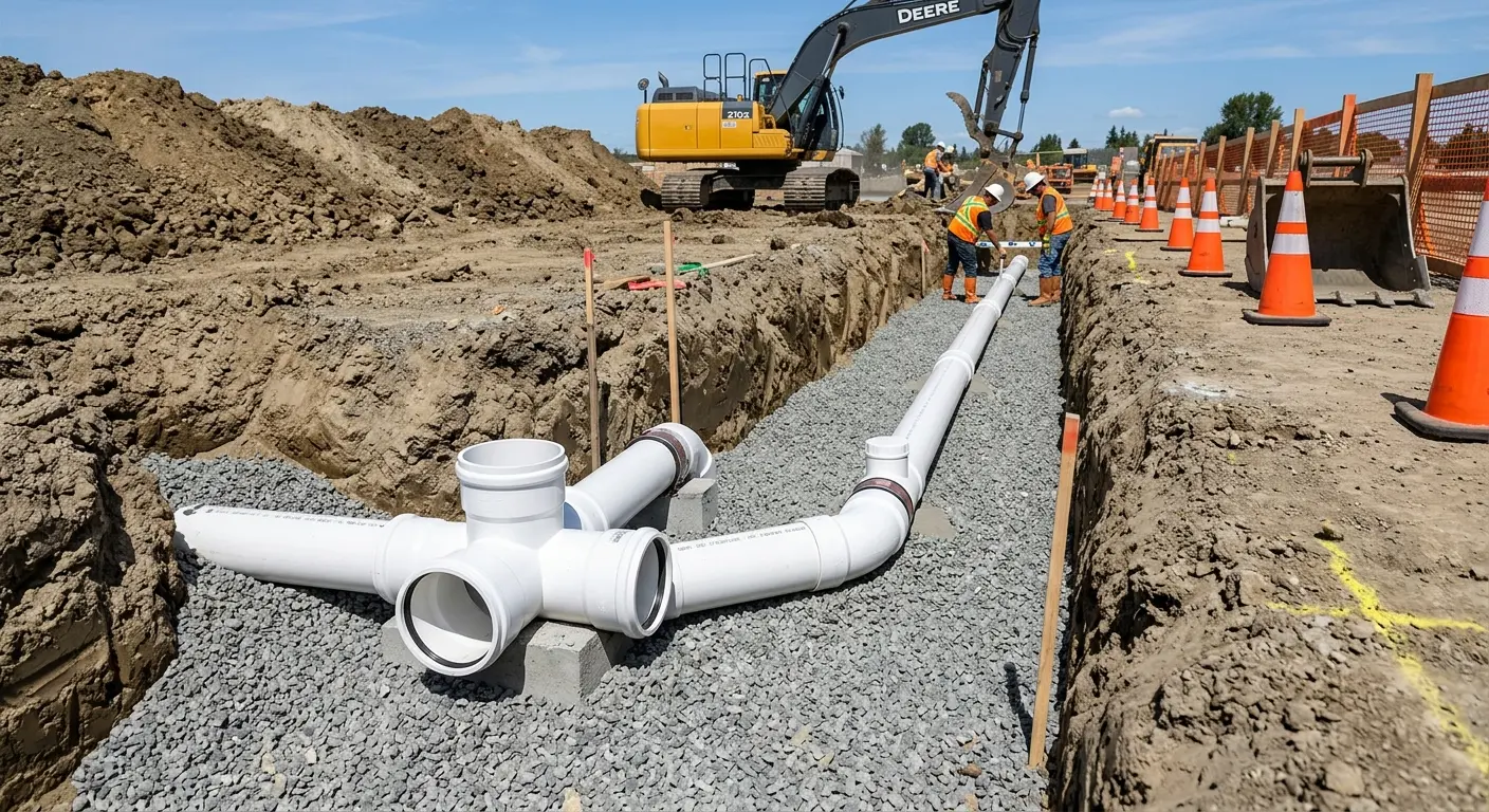 New PVC sewer pipe installation in open trench for Sewer Backup in Brazil