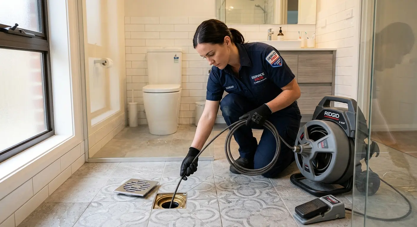 Technician clearing a bathroom floor drain for Sewer Line Replacement in Brazil
